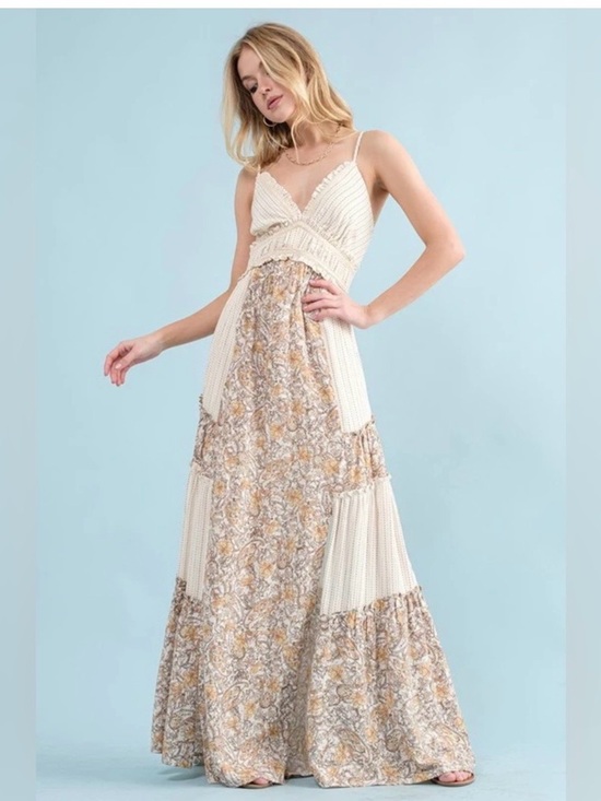 ILLA ILLA Dresses & Skirts - ILLA ILLA Cream Floral Crochet-Panel Maxi Dress